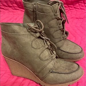 Maurices booties, olive green boot wedges.